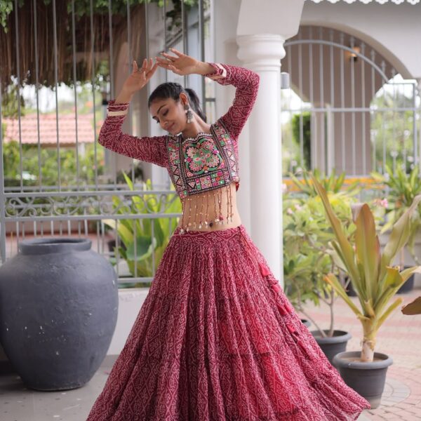 Bandhani Lehenga Choli for Navratri - Kutchi Work Red