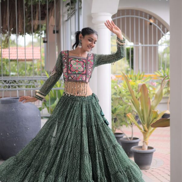 Bandhani Lehenga Choli for Navratri - Kutchi Work Green