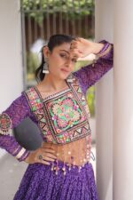 Bandhani Lehenga Choli for Navratri - Kutchi Work Purple - Image 4