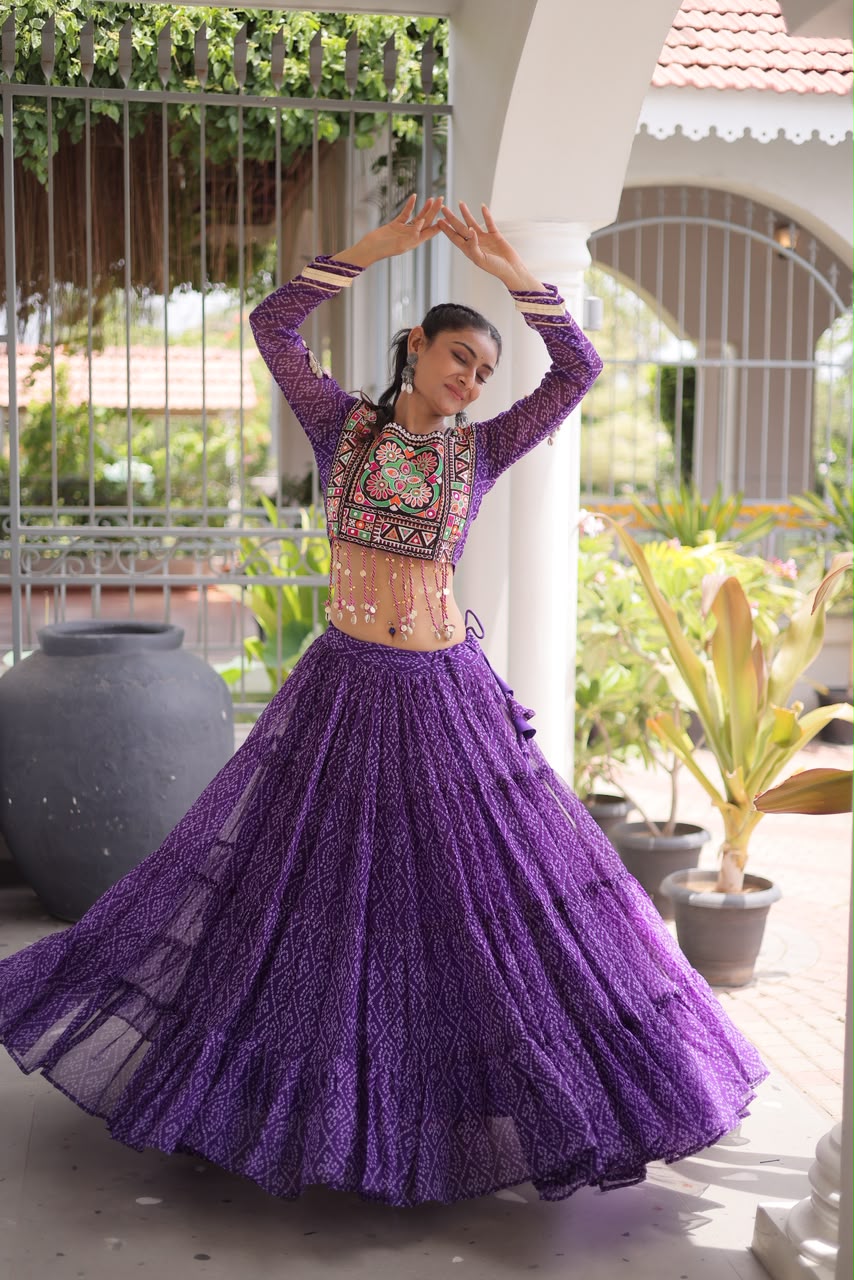 Bandhani Lehenga Choli purple3 Bandhani Lehenga Choli for Navratri - Kutchi Work Purple - Image 1