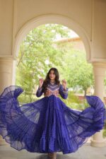 Bandhani Print Gown with Kutchi Patchwork- Blue