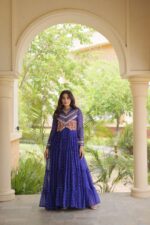 Bandhani Print Gown with Kutchi Patchwork- Blue - Image 3