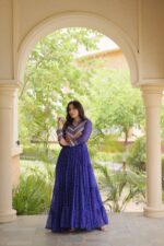 Bandhani Print Gown with Kutchi Patchwork- Blue - Image 5