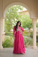 Bandhani Print Gown with Kutchi Patchwork-Pink - Image 2