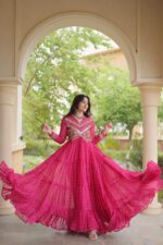 Bandhani Print Gown with Kutchi Patchwork-Pink