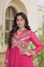 Bandhani Print Gown with Kutchi Patchwork-Pink - Image 3
