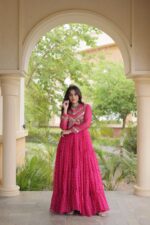 Bandhani Print Gown with Kutchi Patchwork-Pink - Image 4