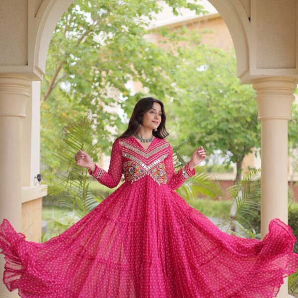 Bandhani Print Gown with Kutchi Patchwork-Pink
