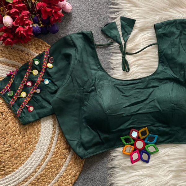 Halter Neck Blouse with Mirror Work - Navratri Dark Green