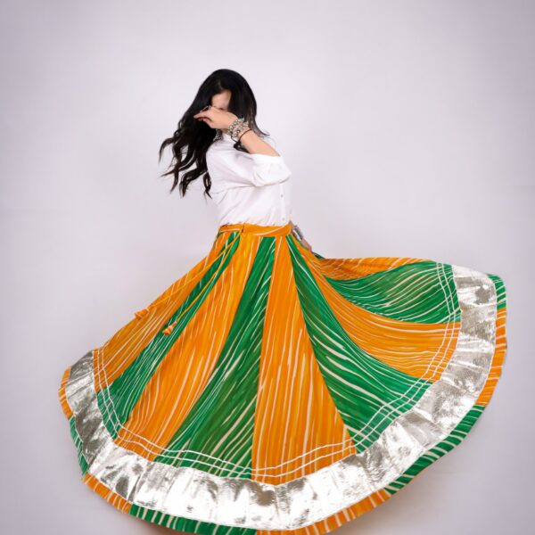 Lehariya Lehenga Skirt 8 Meter Flair Navratri - Orange & Green