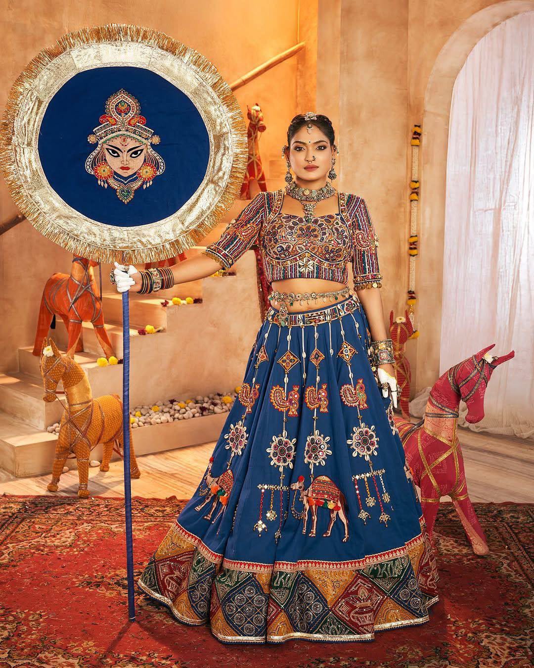 Navratri Chaniya Choli with Real Mirror Work1 Navratri Chaniya Choli, Real Mirror Work Muslin Cotton - Blue - Image 1