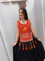 Cotton Lehenga Choli with Koti - Heavy Hand Work - Orange - Image 2