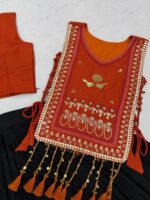 Cotton Lehenga Choli with Koti - Heavy Hand Work - Orange - Image 4