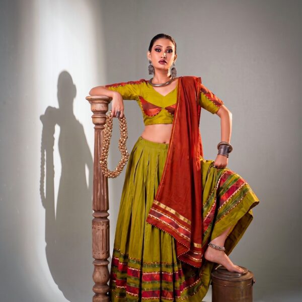 Dhabu Cotton Lehenga for Navratri Embossed & Ghughri Lace