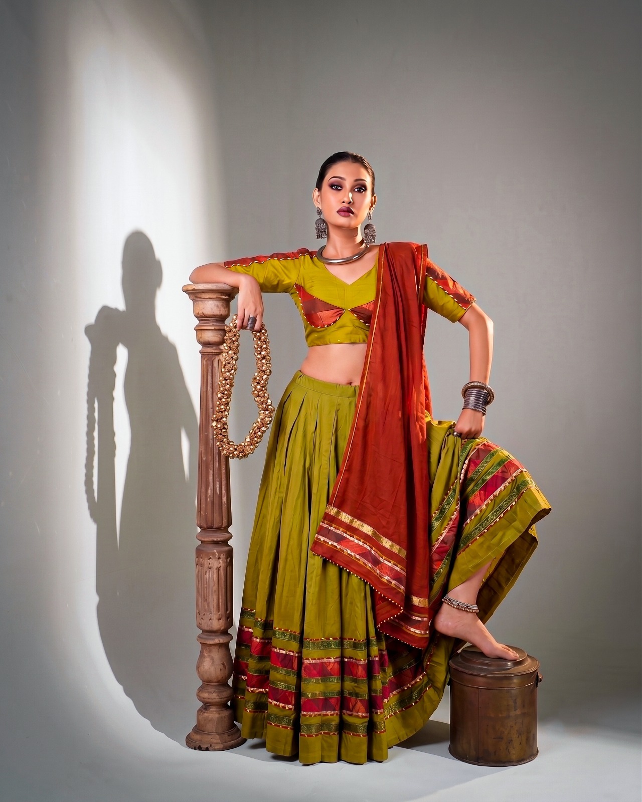 dhabu-cotton-lehenga-choli Dhabu Cotton Lehenga for Navratri Embossed & Ghughri Lace - Image 1