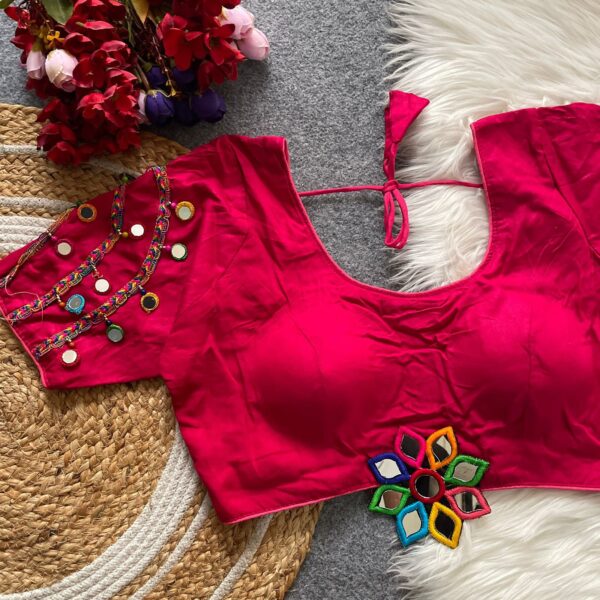 Halter Neck Blouse with Mirror Work - Navratri Pink