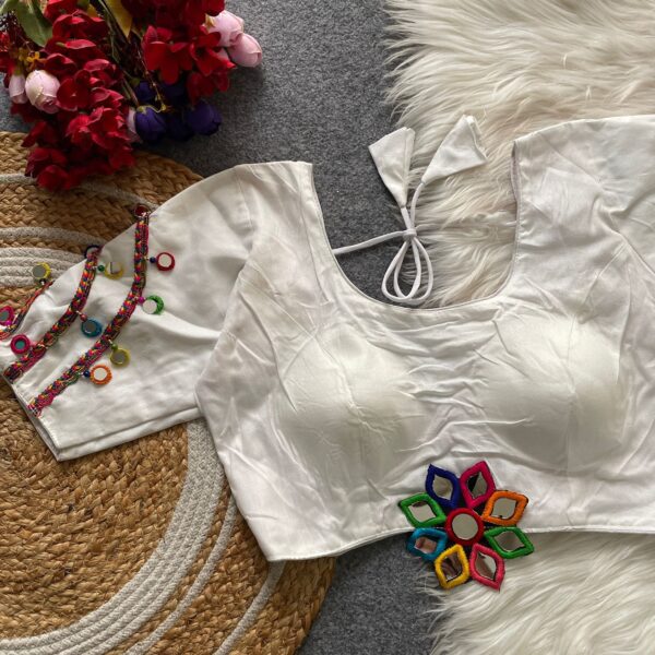 Halter Neck Blouse with Mirror Work - Navratri White